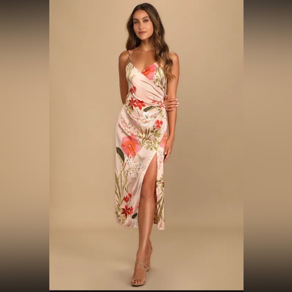 Lulus Dresses & Skirts - Lulu's Pink Floral Satin Midi Dress with Coral & Green Print